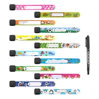 Afbeelding van Vicloon 12 Stuks Noodarmband set voor Kinderen, met 1 Pen, Veiligheidsarmband Waterdicht Herbruikbaar SOS Anti verlies, Jongens Meisjes Peuter Baby