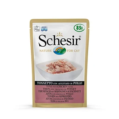 Afbeelding van 20x Schesir Kattenvoer Tonijn Kipreepjes in Gelei 85 gr