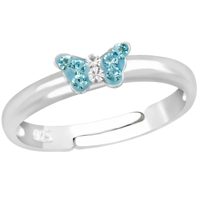 Afbeelding van JoyS Zilveren vlinder ring verstelbaar blauw kristal voor kinderen