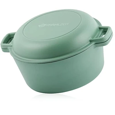 Afbeelding van Mahlzeit Geëmailleerde gietijzeren pan 6,9 l mint, rond met deksel en 2 handgrepen traditionele pan, emaille broodbakpan, stoofpan gietijzer voor inductie,