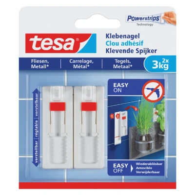 Afbeelding van Tesa klevende Spijker voor Tegels en Metaal, verstelbaar, draagvermogen 3 kg, blister van 2 stuks haak
