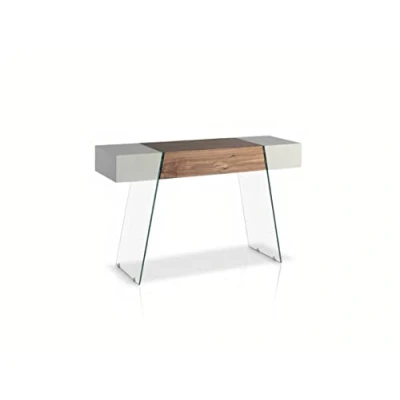 Afbeelding van Angel Cerdá Consoletafel van walnoothout met zijkanten gelakt hout, parelgrijs glanzend, poten gehard glas, moderne stijl