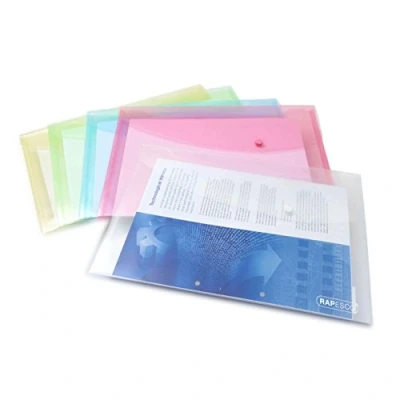Afbeelding van Rapesco 0696 Documentenmappen met Drukknoop, A4+, Diverse Transparante Kleuren, Set van 5