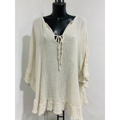 Afbeelding van Prachtige katoenen boho tuniek met vleermuis mouwen v hals strand kleur BEIGE maat 42 46