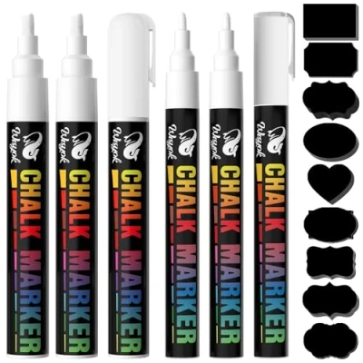 Afbeelding van WISYOK 6 stuks krijtstiften met 45 etiketten, krijtmarker wit, whiteboardmarker, whiteboardstiften, flipchart pennen, voor schoolbord, afwasbaar, 3 mm en draaipunt