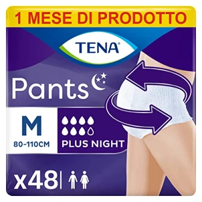Afbeelding van Tena Pants Plus Night, medium maat (M), maandelijkse voorraadverpakking absorberende elastische wegwerpbroekjes voor blaasschade, uniseks, discreet en comfortabel, 4 verpakkingen x 12 stuks