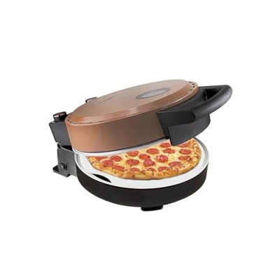Afbeelding van Bestron Pizza oven voor knapperige pizza&#039;s in 5 10 minuten, elektrische pizzaoven met tot echte 320 C maximumtemperatuur, incl. vuurvaste steen &amp; 2 grote houten spatels, koperen collectie, kleur: