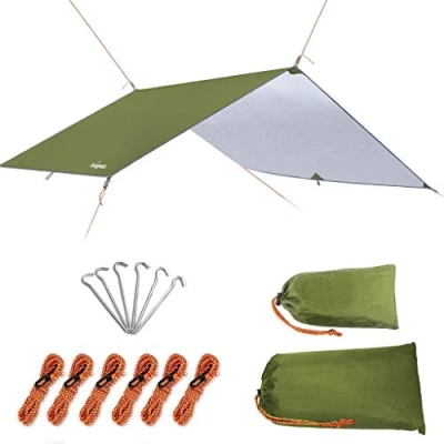 Afbeelding van Unigear tentzeil, zeil voor hangmat, waterdicht met ogen + 6 haringen touwen, regenbescherming zonwering ourdoor camping MULTI WAY (groen 300 x 400cm)