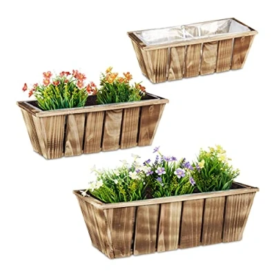 Afbeelding van Relaxdays Plantenbak hout 3 stuks balkonbak gevlamd sierbak rechthoekig natuur
