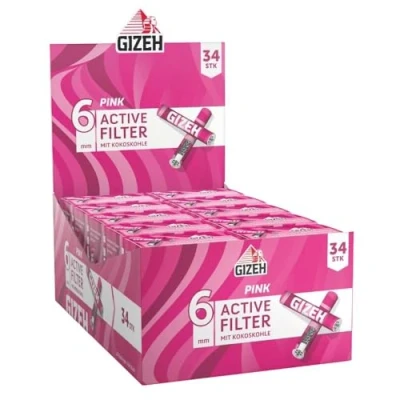 Afbeelding van GIZEH PINK Active filter actieve koolfilter slim 6 mm diameter met kool uit kokosschaal 27 lengte in verpakking van 10 à 34 filters