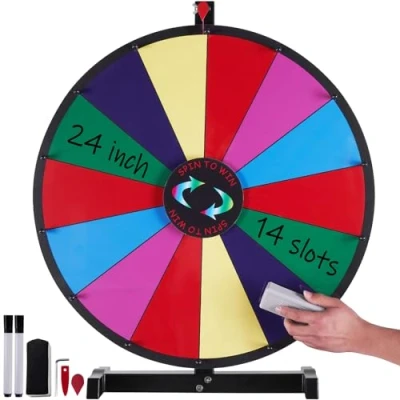 Afbeelding van VEVOR Loterijwiel 601 mm, geïmproviseerd wiel, droog afwisbaar, wiel van geluk op tafel met 14 sleuven, 2 markers, zachte rotatie en evenwichtig bingospel, spel voor feest, woonkamer, carnaval