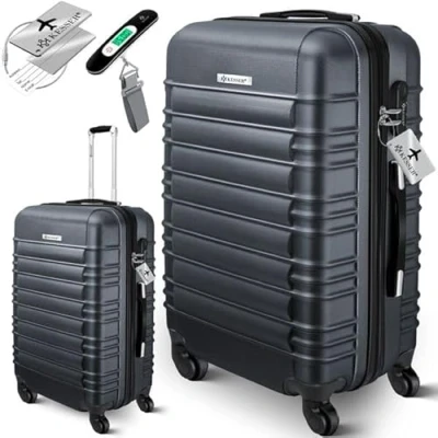 Afbeelding van KESSER® Reiskoffer hardshell koffer incl. kofferweegschaal + bagagelabel trolley bagage rolkoffer cijferslot 4 wielen ABS harde schaal telescopische handgreep, antraciet, 66cm 84L
