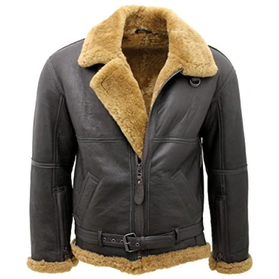 Afbeelding van Infinity Mannen Bruin RAF Aviator Vintage Echte Dikke Shearling Schapenvacht Vliegende Lederen Jas Met Gember Bont, Bruin, XL
