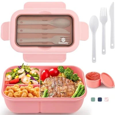 Afbeelding van Sinnsally lunchbox met vakken, 1250 ml, bento box voor volwassenen, kinderen, bestek, lunchbox, brooddoos, lekvrije eetbox, snackbox, ontbijtbox, (roze)