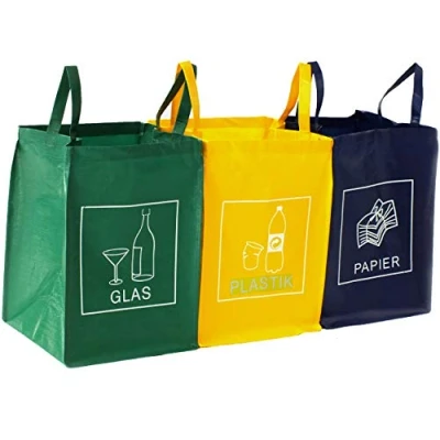 Afbeelding van Afval scheiding, set van 3 recycle zakken voor glas, plastic en papier