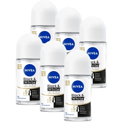 Afbeelding van 6x NIVEA Women &quot;Invisible Black &amp; White Silky Smooth&quot; Deo Roll on 50ml