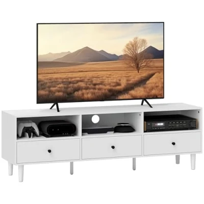 Afbeelding van HOMCOM TV Schrank Board mit Schubladen, 3 offenen Fächern 140 cm lang Lowboard Kabelmanagement für Fernseher bis zu 75 Zoll Fernsehtisch Wohnzimmer Weiß 140x34x45cm
