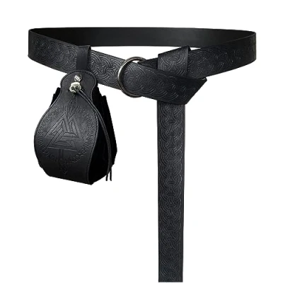 Afbeelding van HiiFeuer Middeleeuwse O ring riem met reliëf en draagbare Gungnir koordbuidel, Retro Renaissance nepleren tas set voor LARP (Zwart B)