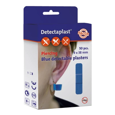 Afbeelding van Detectaplast blauwe pleisters Elastic, metaaldetecteerbare en flexibele sensitive, wondverzorging voor de voedingsindustrie, catering grootkeuken, 9 x 38 mm (piercing), 50 stuks