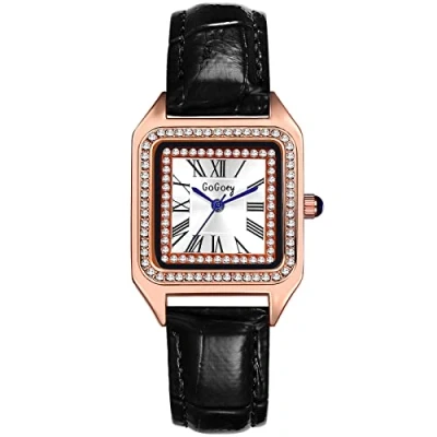 Afbeelding van JewelryWe Dameshorloge, analoog kwartshorloge, klassiek zakelijk, casual horloge met leren armband voor dames en meisjes, Type 4 rechthoek zwart, Riemen.