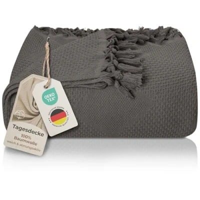 Afbeelding van LAYNENBURG Premium Sprei met handgeknoopte franjes 100% katoen 220 x 240 cm Wafelpiqué Zomerdeken Katoenen Deken als Beddeken, Bankstel &amp; Bank (Antraciet)