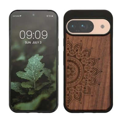 Afbeelding van kwmobile telefoonhoesje geschikt voorGoogle Pixel 9 / Pro Hoesje met bumper hout In donkerbruin Opkomende Zon design