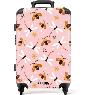 Afbeelding van NoBoringSuitcases.com® Kinderkoffer meisje Kindertrolley meisjes Lieveheersbeestjes en libellen op roze achtergrond Koffer kind groot Rolkoffer lichtgewicht Reiskoffer met 4 wielen Grote trolley XL 20 kg bagage