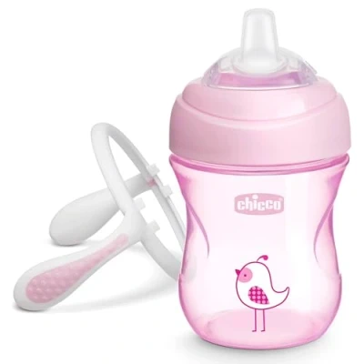 Afbeelding van Chicco Transitiebeker Ergonomische Siliconen Tuit Dubbel Anti Koliek Ventiel BPA vrij 200 ml 4+ Maanden Roos