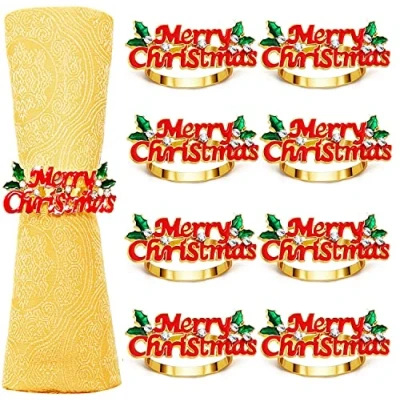 Afbeelding van KAHEIGN 8 stuks kerst servetringen, gouden Merry Christmas Servethouders Xmas Servet Gesp met Strass voor Kerstmis, Lunch Thanksgiving Feest, Vakantie, Bruiloft Tafeldecoratie (6 cm x 2,5 cm)