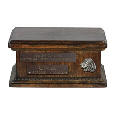 Afbeelding van Art Dog Custom Low Memorial Urn Handgemaakt koud gegoten bronzen portret op berkenbasis Gepersonaliseerde hondencrematiedoos 8,3x11,4x4,3 Springerspaniël