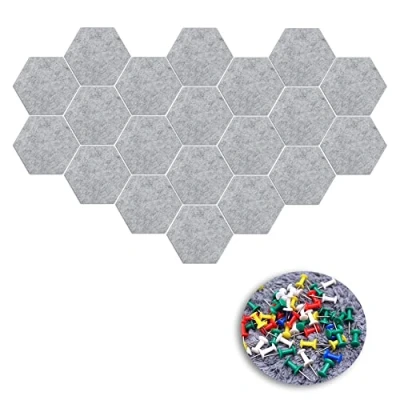 Afbeelding van 20 stuks prikbord, zeskant vilt, 12 x 14 0,5 cm bordtegels, zelfklevende memobord, prikbord met drukknoppen, decoratie voor thuiskantoor, klaslokaal muur (grijs)