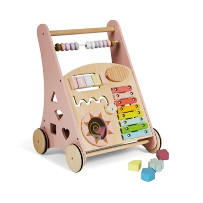 Afbeelding van Buddy Baby Montessori loopwagen van hout, voor eerste stappen met speelgoed en activiteiten, baby&#039;s vanaf 12 maanden (appland/roze)