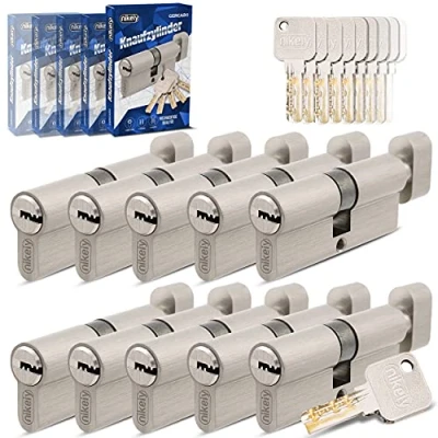 Afbeelding van GERCAR Pro Gelijksluitende knopcilinders, 30/30, set van 10 x cilindersloten met knop, inclusief 50 sleutels, 60 mm deurslot, cilinderslot, cilinders, lengte: mm. A: 30 B:30, messing, mat