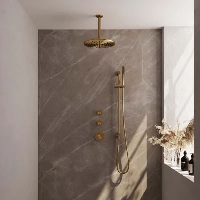 Afbeelding van Brauer Gold carving Regendoucheset inbouw hoofddouche 30cm plafondarm 20cm 3 knoppen handdouche staaf 1 stand PVD geborsteld