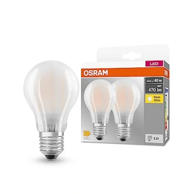 Afbeelding van OSRAM BASE standard mat 40 LED pære med E27 sokkel, klassisk pæreform, 2 pak, 4W, 470lm, 2700K, varmt hvidt lys, lav varmeeffekt, lang levetid, lavt energiforbrug