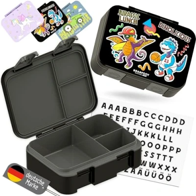 Afbeelding van BEARFOOT Bento Box Compact, BPA vrije kinderbroodtrommel voor school en kleuterschool, lekvrije lunchbox meisjes jongens, praktisch, licht compact (dino zwart, 650 ml)