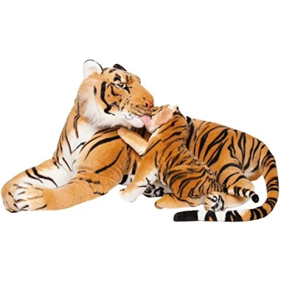 Afbeelding van BRUBAKER Tijgerknuffel met Babytijger 100 cm Liggend Moeder welp Knuffel Bruin Realistisch