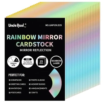 Afbeelding van Uncle Paul A4 Rainbow Mirror Cardstock Papier, 25 Vellen 250gsm/92Ib Metallic Reflecterend Papier voor Ambachten, Kleur Laser Karton Verjaardag Bruiloft Decoratie UAP19LS25