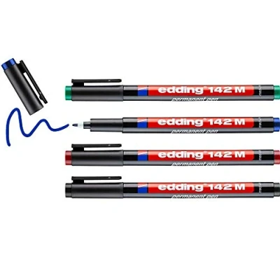 Afbeelding van edding 142 M permanent pen 4 pennen verschillende kleuren ronde punt 1 mm voor schrijven op glas, plastic, folies en gladde oppervlakken permanent, sneldrogend, veegvast watervast