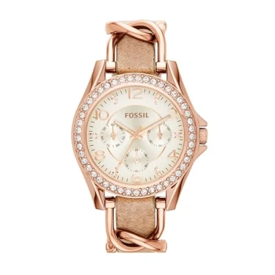 Afbeelding van Fossil Riley horloge voor dames, chronograaf uurwerk met roestvrij stalen of leren band, Beige en roségoudkleur