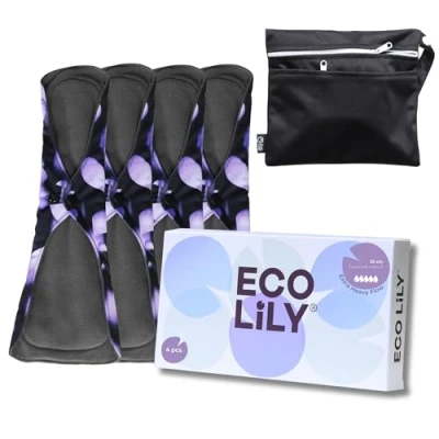 Afbeelding van Eco Lily® Herbruikbare Maandverband Menstruatiepads Lekvrije Geurabsorberende Houtskool Bamboepads (4 Stuks Extra Zware Stroom)