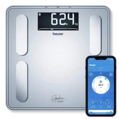 Afbeelding van beurer BF 405 Signature Line Personenweegschaal Lichaamsanalyse Tot 200 kg Bluetooth® Gratis HealthManager Pro app XL display 8 Gebruikersgeheugen 5 Activiteitenniveaus Incl. batterijen Jaar garantie Zilver