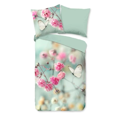 Afbeelding van Dekbedovertrek 155x220 cm Bloemen en Vlinders Print Mint 1 Persoons 100% Katoen Oeko Tex Gecertificeerd