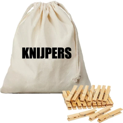 Afbeelding van Wasknijperzak canvas bedrukt met knijpers en 120 houten wasknijpers knijperszakken