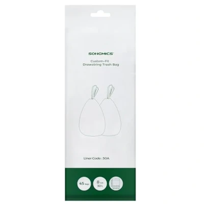 Afbeelding van SONGMICS afvalzakken met trekkoord, 30L afvalzakken, voor 60L dubbele afvalbak, code 30A, 1 rol, totaal 45 stuks, handgrepen, robuust en waterdicht, de keuken, wit KRB30A