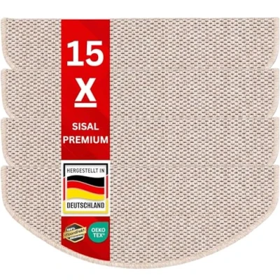 Afbeelding van Voordeelset trapmatten in sisal look plat weefsel met tijgereye structuur GUT zegel combineerbaar lopers 65x23,5 cm halfrond 15 matten een set (beige)