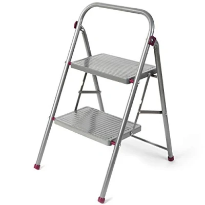Afbeelding van Kleeneze KL068491EU 2 Step Folding DIY Stepladder, Non Slip Feet, Collapsible for Compact Storage, Ergonomic &amp; Lightweight Design, Strong Steel Structure, Safety Clip, 150kg Capacity, 80cm, Pink/Grey