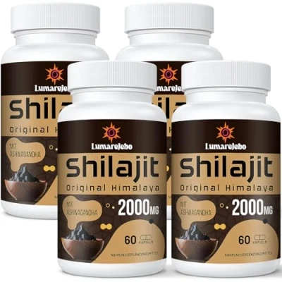 Afbeelding van Lumarejebo Shilajit capsules 2000 mg per portie, pure met ashwagandha wortelextract, natuurlijke bron van 60% fulvinezuur en sporenelementen (60 Count (Pack of 4))