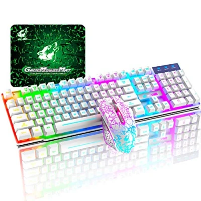 Afbeelding van T3 Draadloos toetsenbord en muis Set 2.4G Oplaadbare Mechanische Voel Waterdichte Regenboog Backlit Gaming Keyboard +2400DPI 6 Knoppen Optische LED Muis+Muismat(wit)