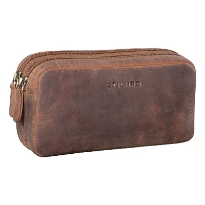 Afbeelding van STILORD &#039;Eddie&#039; Leren Pennenetui Lederen Etui Grote Pennenkoker met 2 Ritsvakken Vintage Pennenbakje Cosmeticatasje Potloodetui Echt Leer, Kleur:middel bruin